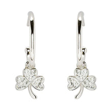 Load image into Gallery viewer, Sterling Silver Crystal Shamrock Hoop Earrings
