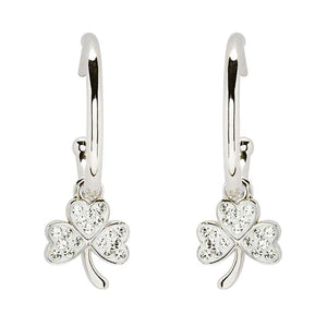 Sterling Silver Crystal Shamrock Hoop Earrings