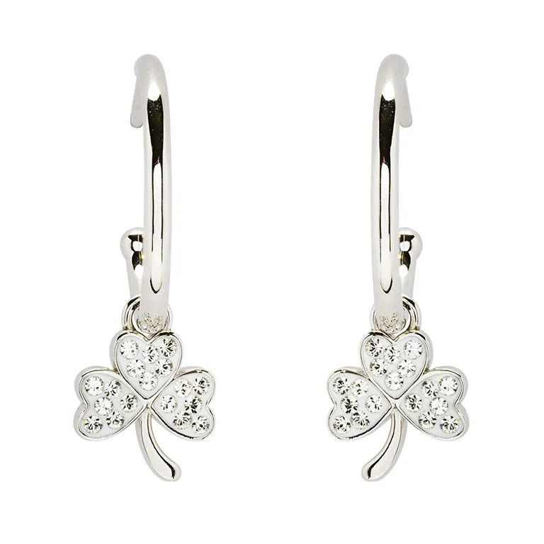 Sterling Silver Crystal Shamrock Hoop Earrings