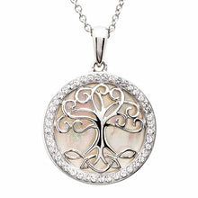 Load image into Gallery viewer, Sterling Silver Mother of Pearl Celtic Tree of Life Medallion Pendant with White Crystals
