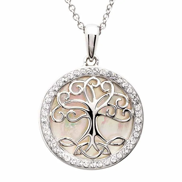 Sterling Silver Mother of Pearl Celtic Tree of Life Medallion Pendant with White Crystals