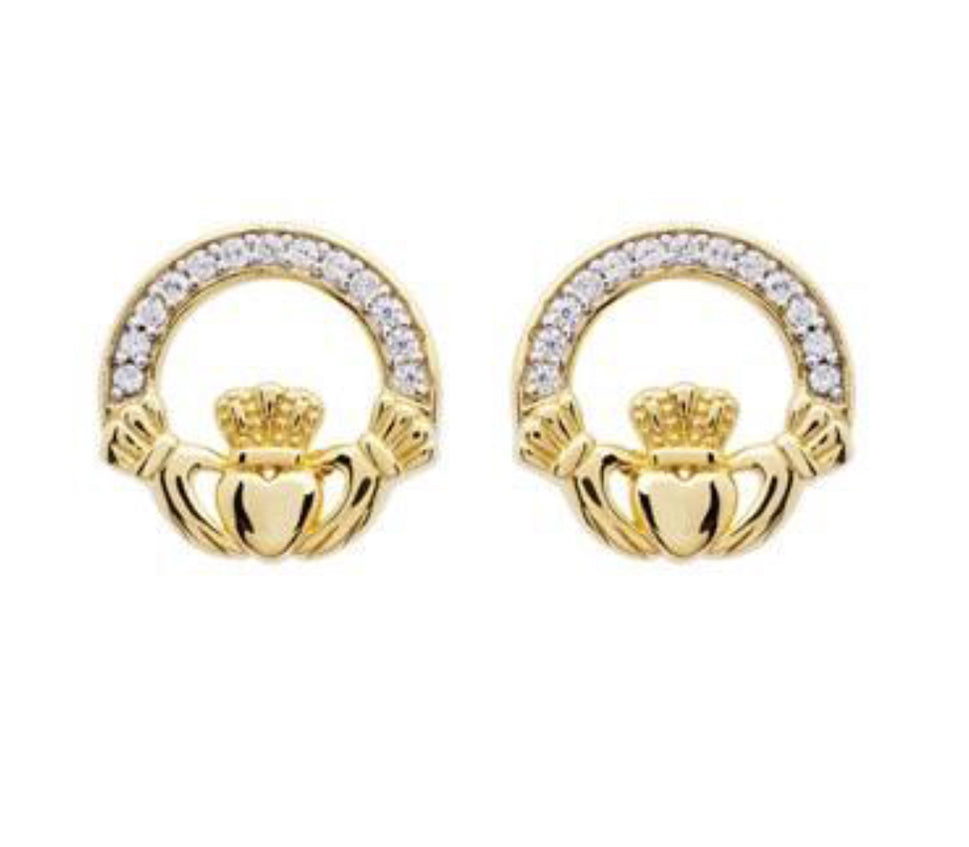14KT Gold Vermeil Claddagh Stud Earrings with Cubic Zirconia