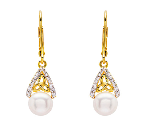 14KT Gold Vermeil Pearl Cubic Zirconia Trinity Knot Drop Earrings