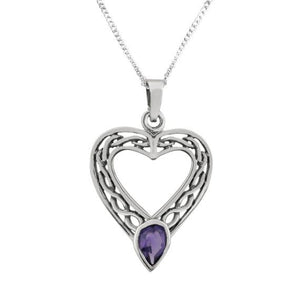 Celtic Silver Heart Pendant with Amethyst colour stone