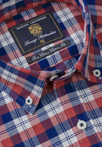 Red, Blue and White Check Washed Cotton Oxford Shirt