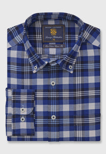 Navy, Blue and White Check Washed Cotton Oxford Shirt