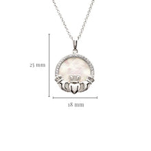 Load image into Gallery viewer, Sterling Silver Mother of Pearl Irish Claddagh Medallion Pendant with White Crystals
