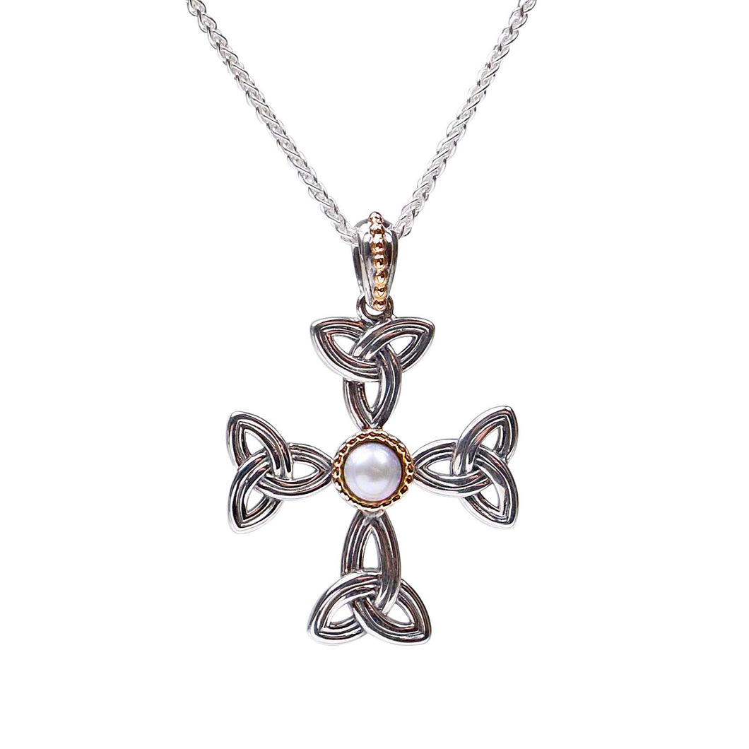 Silver and 10K Gold Aphrodite Cross Pendant - White Fresh Water Pearl