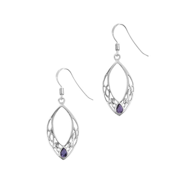 Celtic Silver Oval Drop Earrings with Amethyst Colour Stone
